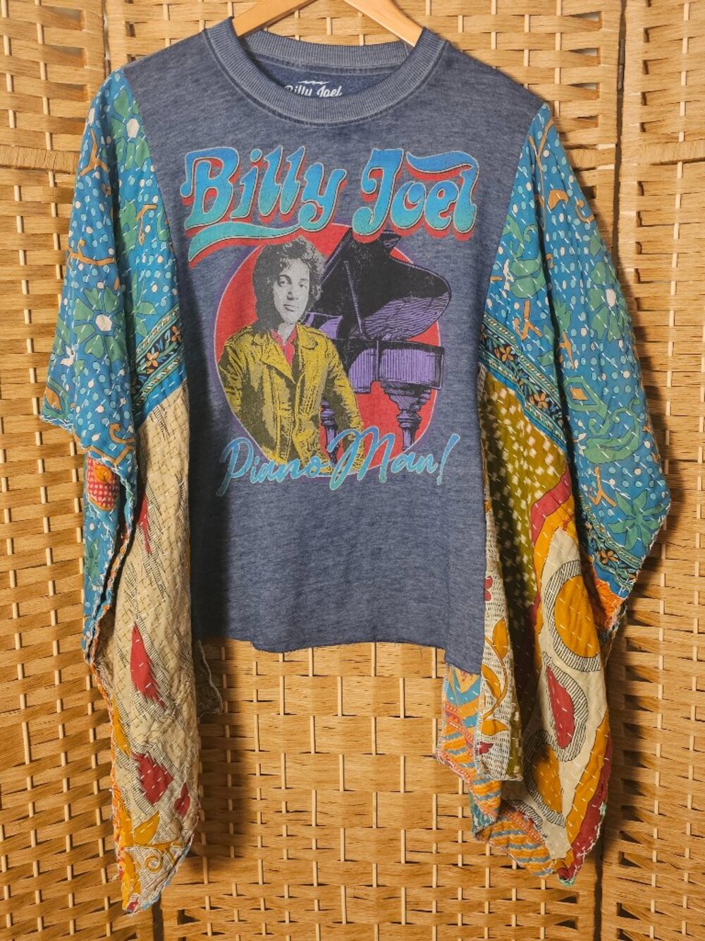 Billy Joel Upcycled Band Shirt Kantha Poncho Top OS